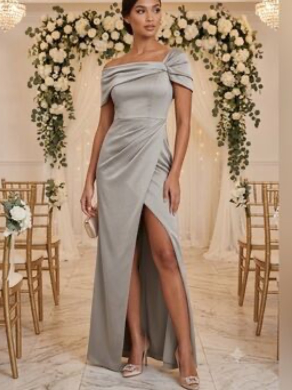 ASOS edition green Bardot satin drape wrap maxi dress with Thigh Slit